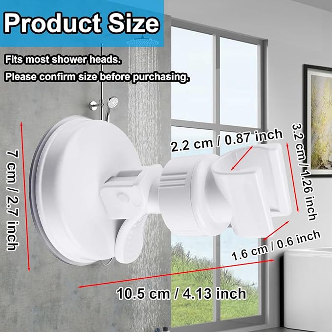 Adjustable Shower Head Holder, Wall Mount, ABS Plastic, Silver/White, 2.7 Inch Suction Cup, 360 Swivel, Easy Install, Strong Adsorption, Fits Most Shower Heads, Suitable for Smooth Surfaces