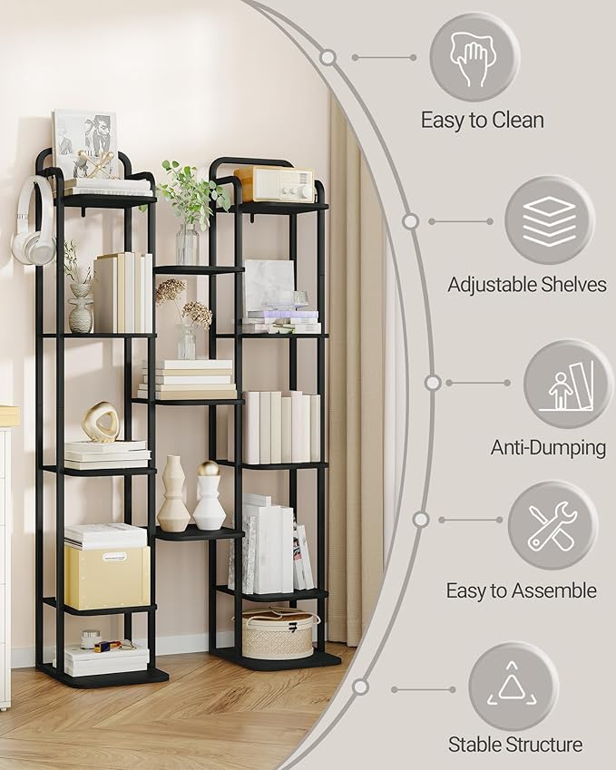 8 Tiers Vertical Shoe Rack, Narrow Shoe Tower, Tall Shoes Shelf with 2 Hooks, Adjustable Shelves, Corner Shoes Shelves for Small Spaces, Entryway, Living Room, Black SR04304B