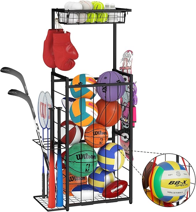 Sports Equipment Organizer, Small Garage Ball Storage Rack with Elastic Straps and 3 Hooks, Garage Organization Storage Rack for Balls and Sports Equipment, Toy Organizer Stand for Room, Gym, Black