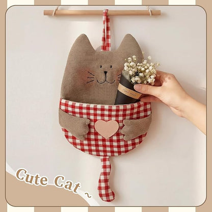 Cute Hanging Wall Storage Bag Cat Room Decor Cat Toy Hanging Organizer with Pocket Cotton Linen over The Door Storage Basket Corduroy and Checkered Pouch for Home Nursery Bathroom Bedroom Kitchen