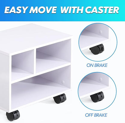 FITUEYES Under Desk Printer Stand with 3 Storage Organizer Compartments, White Mobile Small Printer Table Work Cart on Removable Casters for Home Office, 15.7 in. W x 11.8 in. D x 13.8 in. H