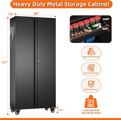 Aobabo Metal Storage Cabinet with Wheels and Adjustable Pegboard, 71" H Steel Rolling Cabinet with 16 Hooks and 1 Interior Drawers for Garage, Home, Office, Kitchen, Black, Assembly Required
