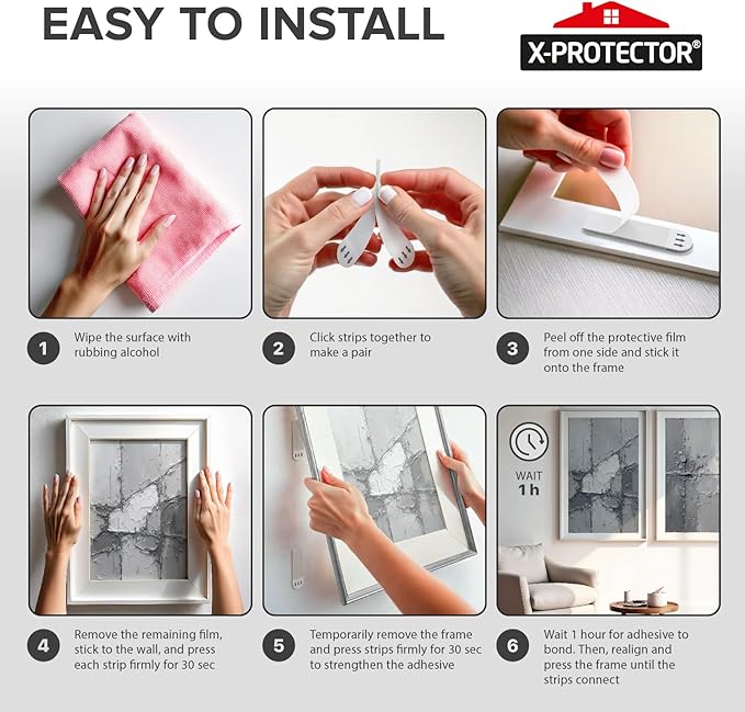 X-Protector Picture Hanging Strips - 20 Pairs Damage Free Picture Hangers - Self Adhesive Hangers Without Nails - Heavy Duty Wall Hanging Strips - Wall Sticky for Hanging Up to 10 LBS (Size S)