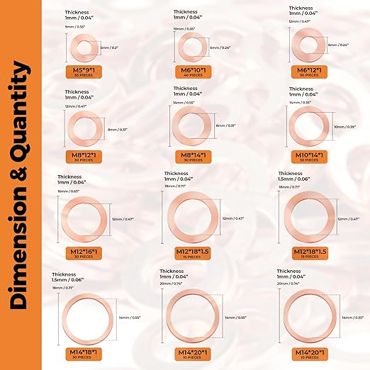 325 PCS, 10 Sizes, Premium Copper Metric Sealing Crush Washers Assortment Kit, Upgraded Flat Ring Oil Drain Plug Crush Washer Gasket Seal Assortment Set, Banjo Bolt Washer for Automotive, Motorcycles
