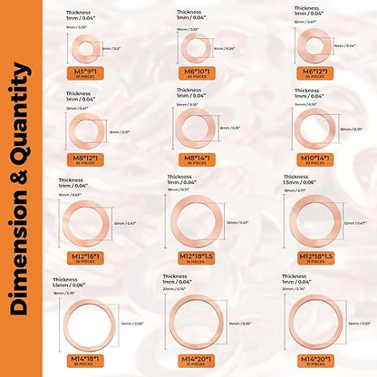 325 PCS, 10 Sizes, Premium Copper Metric Sealing Crush Washers Assortment Kit, Upgraded Flat Ring Oil Drain Plug Crush Washer Gasket Seal Assortment Set, Banjo Bolt Washer for Automotive, Motorcycles