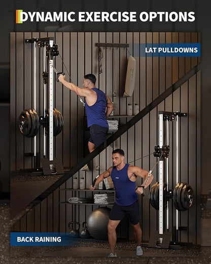 Garvee Wall Mount Cable Station, LAT Pulldown Machines with 19 Positions Dual Pulley System, Cable Crossover Machine with Adjustable Footplate, T-Bar and More Attachments, Workout Equipment Home Gym