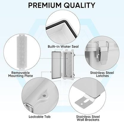 TICONN Outdoor Electrical Box Waterproof, Junction Box IP67 ABS Plastic Enclosure with Hinged Cover with Mounting Plate, Wall Brackets, Cable Glands (Off-White, 10.2"x4.3"x3.0")