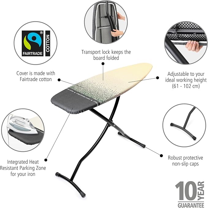 Brabantia - Ironing Board D - Heat-Resistant Steam Iron Zone - Adjustable Height - Non-Slip Rubber Feet -100% Fairtrade Cotton Cover with Foam Layer - Foldable XL Board - New Dawn - Size D(53 x 18 in)