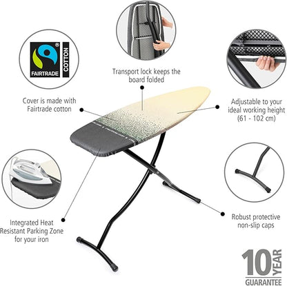 Brabantia - Ironing Board D - Heat-Resistant Steam Iron Zone - Adjustable Height - Non-Slip Rubber Feet -100% Fairtrade Cotton Cover with Foam Layer - Foldable XL Board - New Dawn - Size D(53 x 18 in)
