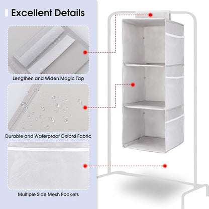 PetsHome 3-Shelf Hanging Closet Organizer, Space Saver, Closet Hanging Storage Shelves with Mesh Pockets & Magic Tap for Storage, Foldable-Grey