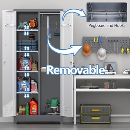 72.8" H Metal Garage Storage Cabinets with Doors and Shelves, Broom Closet Storage Cabinet, Tool Cabinets with Hanging Rod, Cleaning Storage Cabinets for Garage,Bedroom Office Grey&White