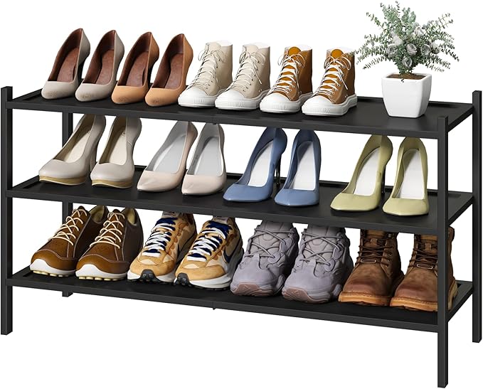 Black Long Shoe Rack, 3-Tier Bamboo Wood Shoe Rack for Entryway, Stackable | Foldable | Natural, Shoe Organizer for Hallway Closet, Free Standing Shoe Racks for Indoor Outdoor