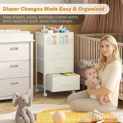 4-Tier Baby Diaper Caddy Organizer Cart with 3 Storage Drawers, Rolling Cart with Dividers & Side Pockets for Nursery, Baby Essentials, Toys, Wipes & Creams, Portable Baby Storage Cart & Station