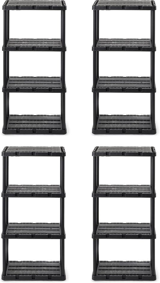 Gracious Living 4 Pack Light Duty Storage Shelves, Knect-A-Shelf 4-Shelf Ventilated Shelving Rack Organizer for Home, Garage, Basement & Laundry, Black