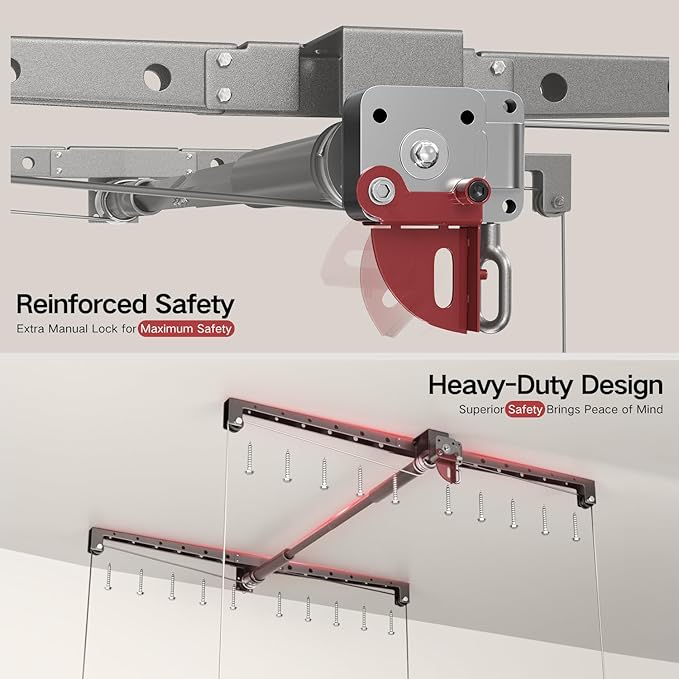 Overhead Garage Storage Rack for 8-10 FT Ceiling, Heavy-duty 4x4 FT Ceiling Storage Racks with Safety Lock, Ideal for Garage Storage Mounted Lift System and Storage Organizer, 250lbs Capacity