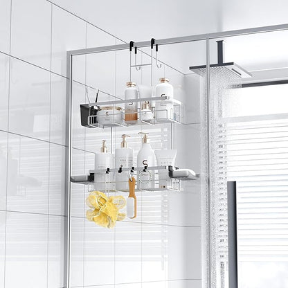 Over the Door Hanging Shower Caddy: Rustproof Hanging Organizer over the Door - No Drilling Bathroom Rack for Inside Shower Chrome
