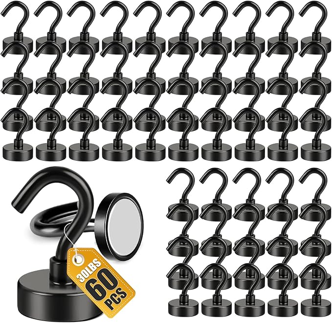 DIYMAG Magnetic Hooks, 30Lbs Black Strong Heavy Duty Cruise Magnet Garage S-Hooks for Classroom, Fridge, Hanging, Cabins, Grill, Kitchen, Garage, Workplace and Office Etc, 120 Pack