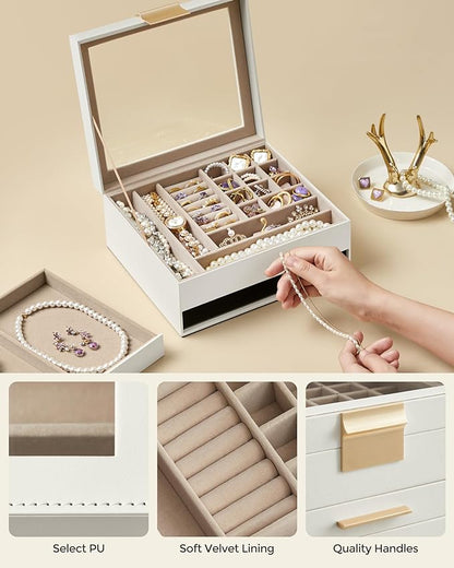 SONGMICS GISELLA Collection - Jewelry Box Organizer, 2-Layer Jewelry Storage with 1 Drawer, Shiny Metal Hardware, Glass Lid, Modern, 8 x 9.1 x 4.1 Inches, Cloud White and Gold Color UJBC174W01