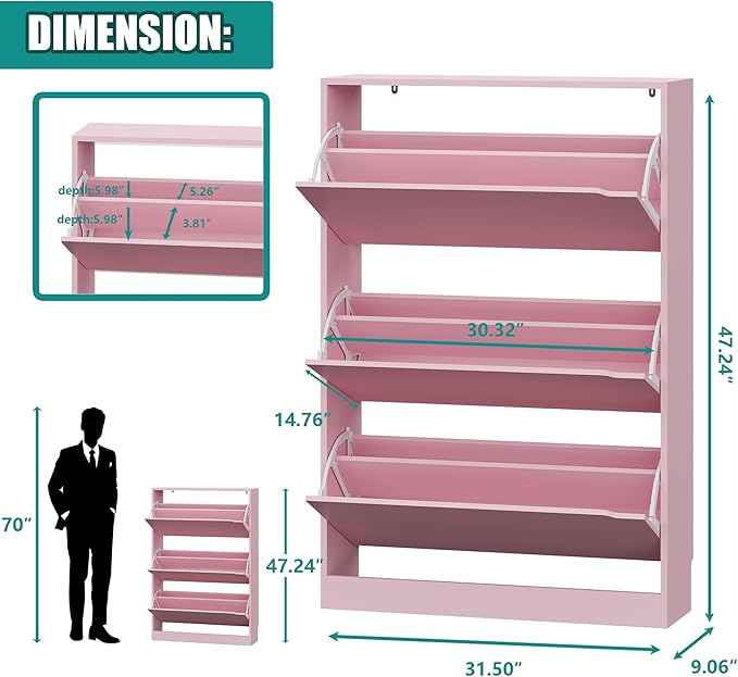 Shoe Storage Cabinet for Entryway with 3 Flip Drawers, Sturdy Wood Hidden Shoe Storage, Freestanding Narrow Slim Shoe Organizer for Front Door Entrance, Living Room, Hallway, Bedroom, Pink