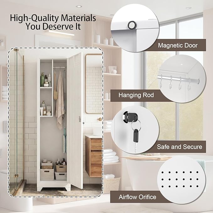 Slim Broom Closet Storage Cabinet, 65" H Metal Cabinets with Lock and Shelves & S-Hooks, Utility Closet, Narrow Storage Cabinets for Home Office, Pantry, Bathroom, Garage, White