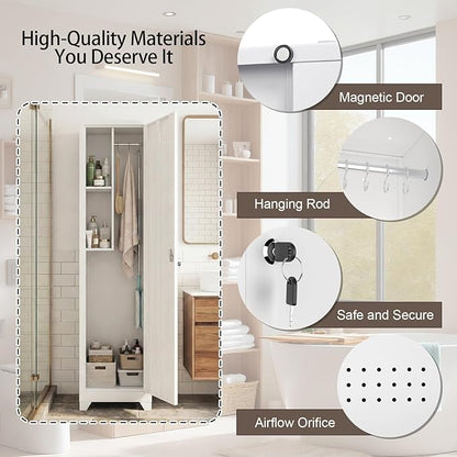 Slim Broom Closet Storage Cabinet, 65" H Metal Cabinets with Lock and Shelves & S-Hooks, Utility Closet, Narrow Storage Cabinets for Home Office, Pantry, Bathroom, Garage, White