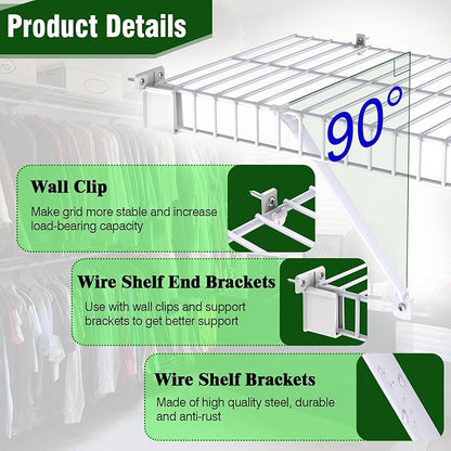 4 Pcs 12 Inch Wire Shelf Brackets, Metal Support Brackets with 8 Wire Shelf Clips and 2 End Brackets, Wire Closet Support Shelving for Closet Shelves Racks and Wardrobe