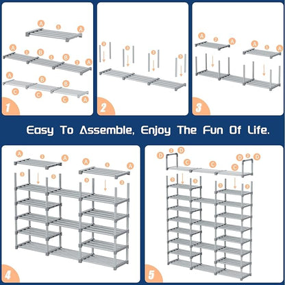 Mavivegue 9 Tiers Tall Shoe Organizer - Vertical Shoe Shelf for 50-55 Pairs, Stackable Racks for Entryway, Closet, Garage - Grey