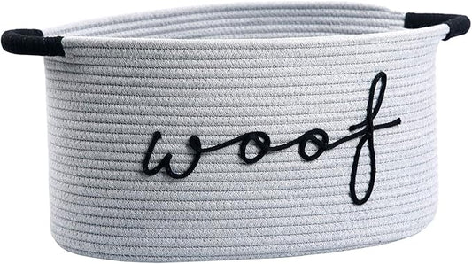 Woof Dog Basket - Cotton Rope Pet Storage Bin With Durable Handles, Large Toy Organizer for Puppies, Perfect for Chew Toys, Blankets and Leashes