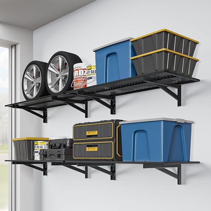 4 Pack Heavy Duty Garage Wall Shelving (1.5x4ft), 1400lbs Capacity Garage Shelving Wall Mounted, 18"x96"Garage Storage Rack Floating Shelves, Black