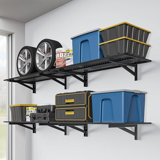 4 Pack Heavy Duty Garage Wall Shelving (1.5x4ft), 1400lbs Capacity Garage Shelving Wall Mounted, 18"x96"Garage Storage Rack Floating Shelves, Black