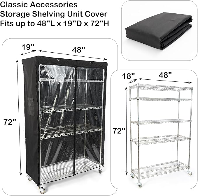 YLOVAN Storage Shelf Cover Wire Rack Shelving Dust Protective, Fits Racks 48" L x 19'' D x 72'' H Black with One Side See Through Panel (Cover only)