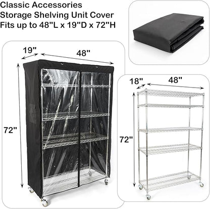 YLOVAN Storage Shelf Cover Wire Rack Shelving Dust Protective, Fits Racks 48" L x 19'' D x 72'' H Black with One Side See Through Panel (Cover only)