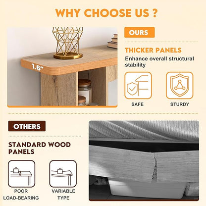 55 Inch Entryway Table Single-Shelf Cabinet, 1.6 Inch Thick Desktop Wooden Console Table with Socket Farmhouse Sofa Table for Entrance, Hallway, Living Room,Behind Couch(Natural Brown)