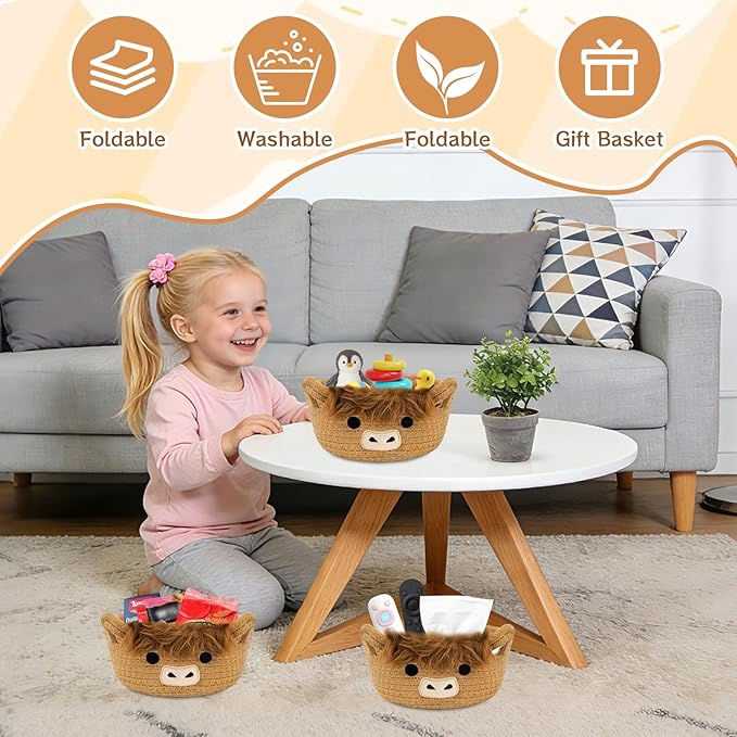 3 Pack Small Highland Cute Cow Storage Baskets for Organizing,Woven Decorative Gift Basket, Nursery Shelves Rope Cotton Storage Bins for Gifts Empty, Mini Burr Baby Shower with Handles,7 IN