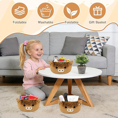 3 Pack Small Highland Cute Cow Storage Baskets for Organizing,Woven Decorative Gift Basket, Nursery Shelves Rope Cotton Storage Bins for Gifts Empty, Mini Burr Baby Shower with Handles,7 IN