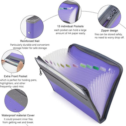 NAFY Accordion File Organizer, 13 Pockets Expanding File Folder with Zipper, A4 Letter Size Portable Accordion Expanding File Folders with 27pcs Multicolor Labels for Office School Supplies (Lavender)