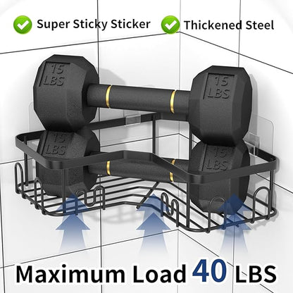 Menbyci 3 Pack Corner Shower Caddy, Adhesive Bathroom Shelves with 18 Hooks, Drill-Free & Quick-Dry Shower Organizer with Large Capacity, Rustproof Stainless Steel Bathroom Corner Storage Rack, Black