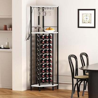 Homeiju Corner Wine Rack with Glass Holder and Led Strip Light, Corner Bar Wine Racks Freestanding Floor, Industrial Corner Bar Cabinet for Kitchen, Dining Room, Living Room or Cellar