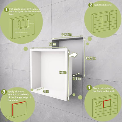 Stainless Steel Shower Niche 12"x12"，Shower Inserts Kit for Bathroom ， Recessed Shower Shelf Organizer for Storage Matte White （12"x12"）