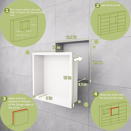 Stainless Steel Shower Niche 12"x12"，Shower Inserts Kit for Bathroom ， Recessed Shower Shelf Organizer for Storage Matte White （12"x12"）