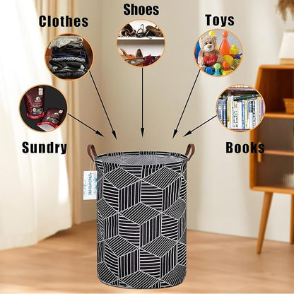 LANGYASHAN Laundry Basket Canvas Fabric Collapsible Organizer Basket for Storage Bin Toy Bins Gift Baskets Bedroom Clothes Children Nursery Hamper (Black diamond)