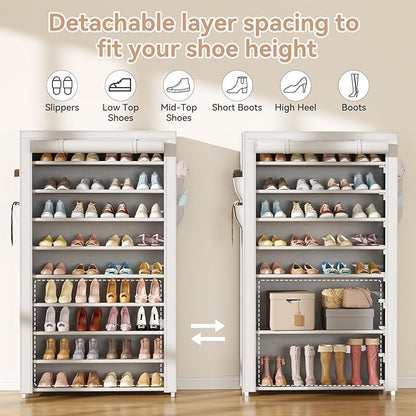 Shoe Rack with Covers 10 Tier Tall Shoe Rack Organizer Large Capacity Shoe Shelf Storage 40 Pairs Space Saving Free Standing Shoe Storage Organizer for Closet, Entryway, Dorm, White