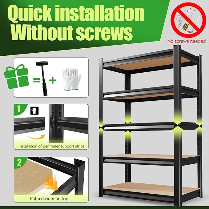 Garage Shelving,Heavy Duty Garage Storage Shelves,Metal Shelving Unit,5 Tier Adjustable Steel Utility Shelf,Use for Basement,Warehouse, Pantry Closet,Black (72" H*36" W*15.9" D)