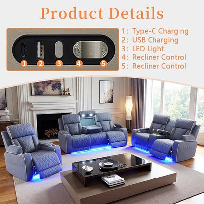 Blue Grey Leather Power Recliner Chairs, Two Reclining Sofa Chairs with Comfortable Armrest and Backrest, Living Room Furniture Sets with LED Home Theater Seating for Living Room, Bedroom