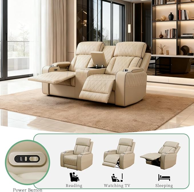 Living Room Furniture Sets, Power Recliner Sofa Couches, Beige Breathing Leather Sofa Loveseat with 2 Recliner Seats/Cup Holders/LED Light/USB Port for Living Room, Apartment, Office