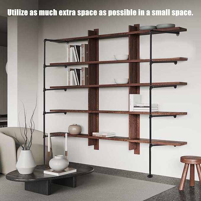 2pcs Wall Mount Iron Pipe Shelf, 5-Tier 66.1x11.8 Inch Industrial Wall Shelves Ceiling Hung Storage Shelf Black Pipe Shelving Brackets No Plank DIY Open Bookshelf for Office Room Kitchen