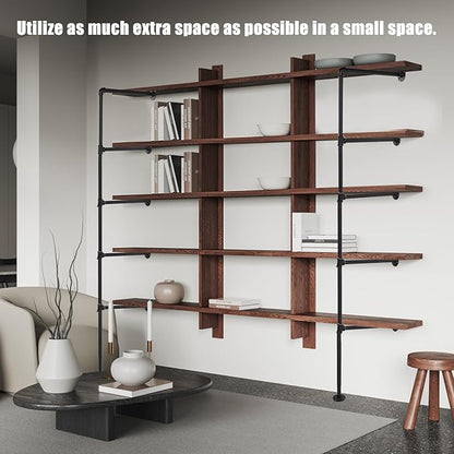 2pcs Wall Mount Iron Pipe Shelf, 5-Tier 66.1x11.8 Inch Industrial Wall Shelves Ceiling Hung Storage Shelf Black Pipe Shelving Brackets No Plank DIY Open Bookshelf for Office Room Kitchen