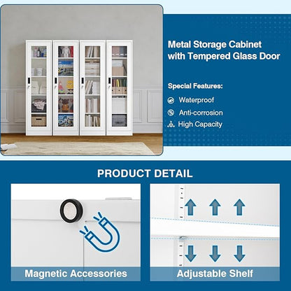 Display Storage Cabinet with Glass Doors, 65 Inches Metal Curio Cabinets with 4 Adjustable Shelves, HD Tempered Glass Cabinet Display Case for Home, Office, Pantry, Assemble Required (White)