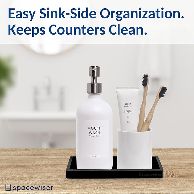 Countertop and Vanity Tray – Small 7.7” Silicone Tray, Soap Dispenser Trays, Bathroom Trays, Kitchen Soap Holder Sink Organizer Counter Caddy for Soaps Bottle Keys, Sponge Holder Dish Black