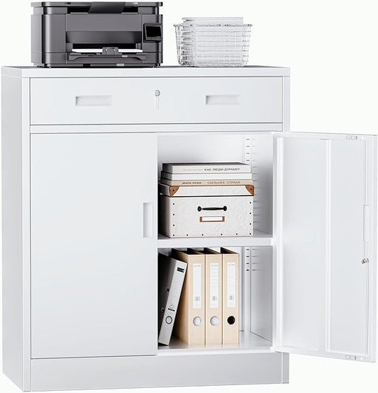 Metal Storage Cabinets with Drawer, 36" H Lockable Storage Cabinet with Doors and Adjustable Shelves, Small White Steel File Cabinet for Home, Office, Warehouse, School, Assembly Required